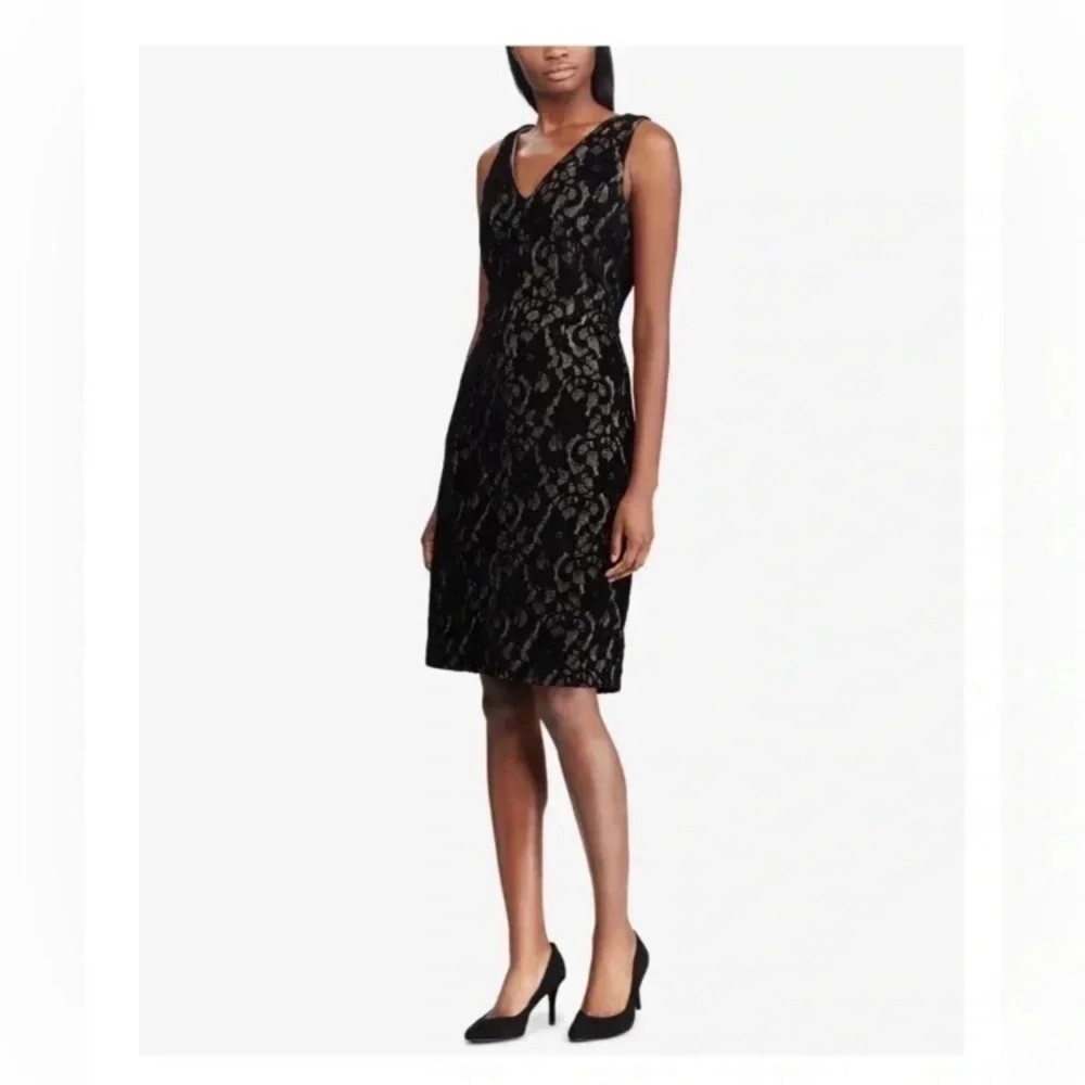 New: Lauren Ralph Lauren Velvet Lace Sheath Dress. Black. Size 8